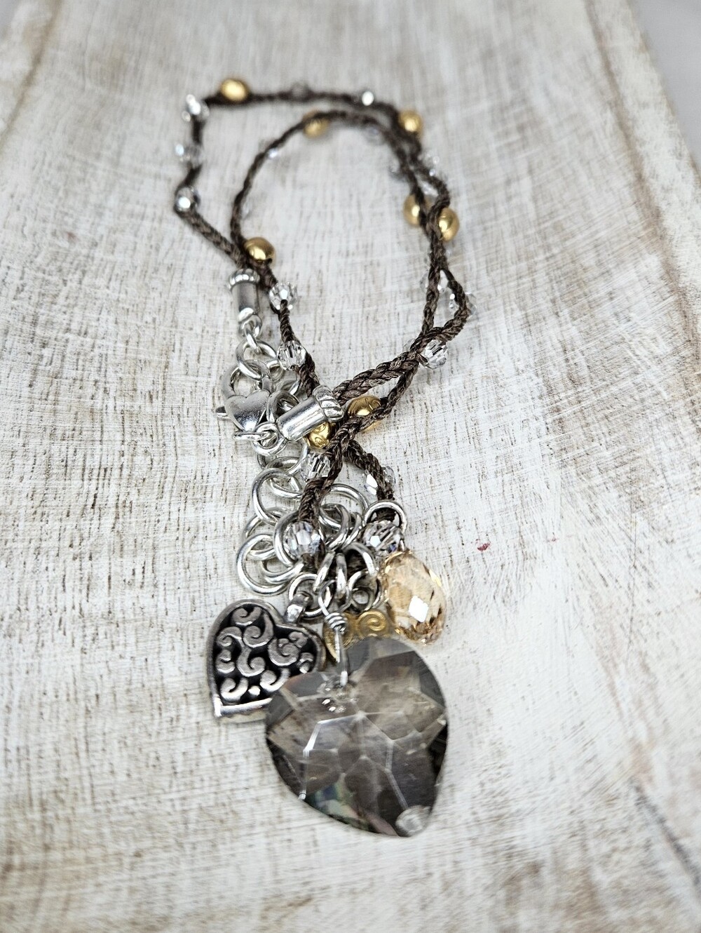 Brighton Karma Crystal Heart Charm Necklace Brown Braided Cord Silver Gold EUC - Picture 6 of 9